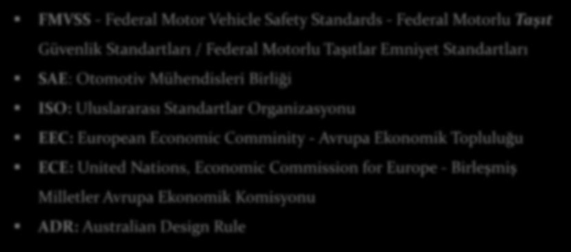 FMVSS - Federal Motor Vehicle Safety Standards - Federal Motorlu Taşıt Güvenlik Standartları / Federal Motorlu Taşıtlar Emniyet Standartları SAE: Otomotiv Mühendisleri Birliği