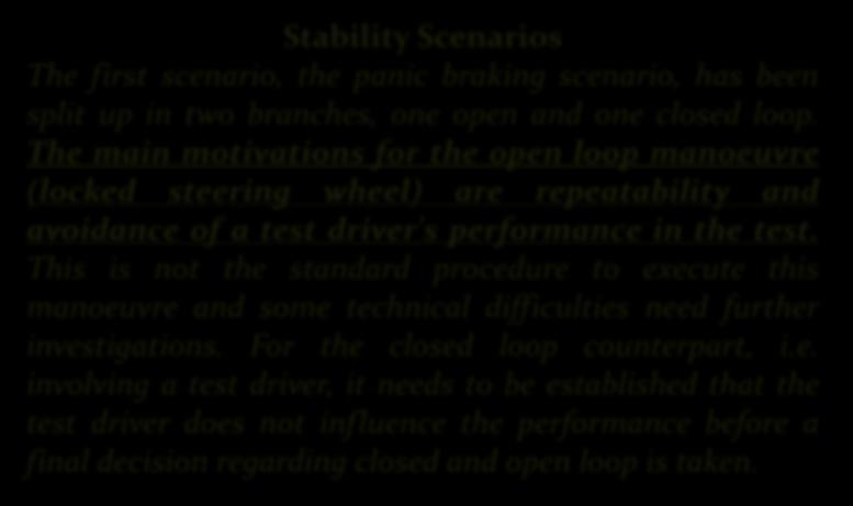 Stability Scenarios The first scenario, the panic braking scenario, has been split up in two branches, one open and one closed loop.