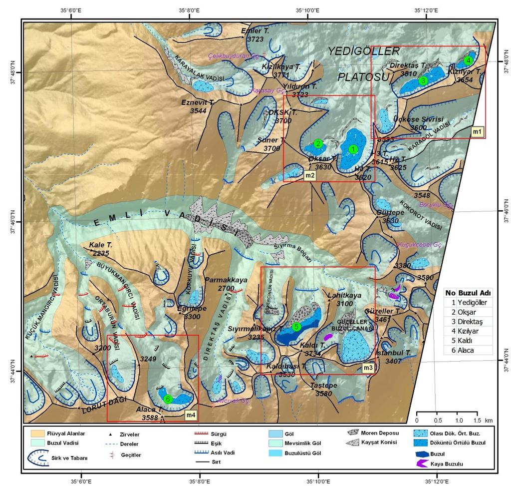 ġekil 2. Yedigöller Platosu ve Emli Vadisi glasyal morfoloji haritası. Çizelge 1. Yedigöller Platosu ve Emli-Sıyırma Vadisindeki döküntü örtülü buzulların metrik özellikleri.