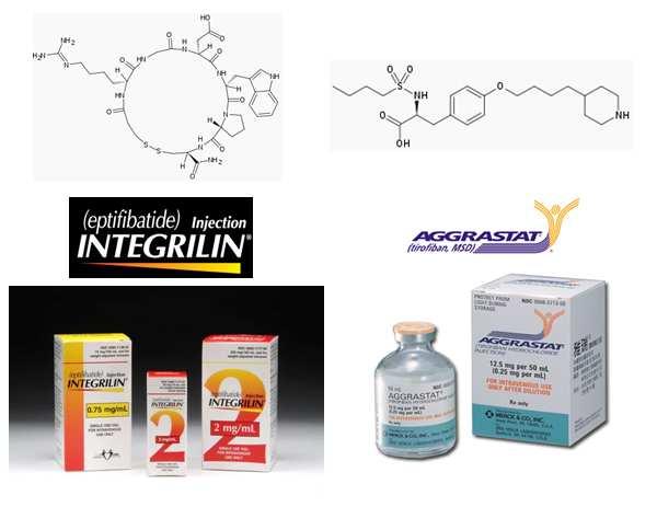 Şekil 2. 4. GP IIb/IIIa antagonistlerinden eptifibatide ve tirofibanın moleküler yapıları ve ticari ürünleri olan Integrilin ve Aggrastat (www.integrilin.com, www.aggrastat.