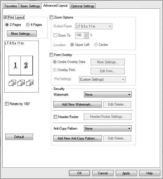 3. Ayrıntılı ayarlar yapmak isterseniz, More Settings düğmesini tıklatın. Print Layout Settings iletişim kutusu görüntülenir. 4. Uygun ayarları yapın.