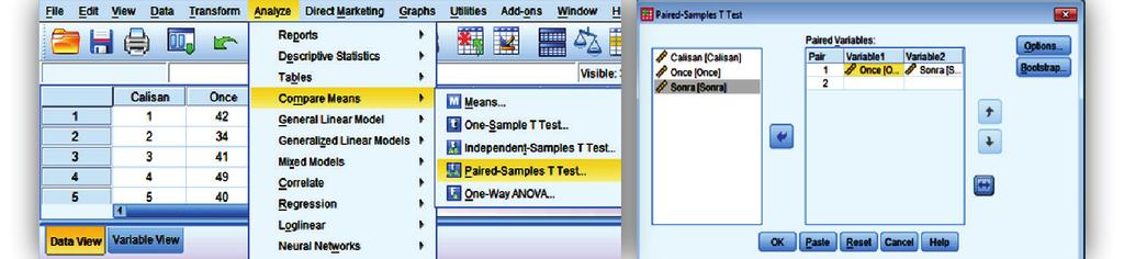 162 Araştırma Yöntemleri Sonraki adım veriyi analiz etmektir. Bunun için SPSS ekranından Analyze > CompareMeans > Paired-Samples T Test seçeneklerinin işaretlenmesi gerekmektedir.