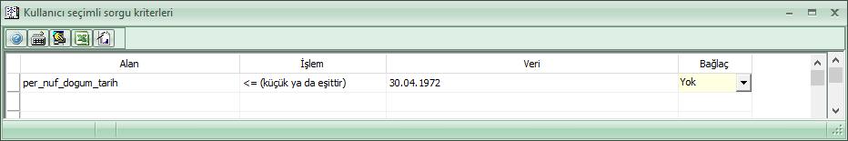 Örneğin Kullanıcı seçimli sorgu kriterleri butonundan personelin doğum tarihi kolonuna göre 45 yaşından büyük personelleri listeleyerek, bu personeller için BES değişikliğini toplu sağlayabilirsiniz.