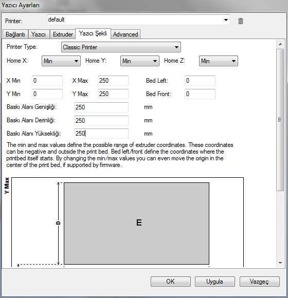 ADIM 14 Yazıcı şekli sekmesinde yazıcının tipini, mekanik özelliklerini ve baskı alanını resimde