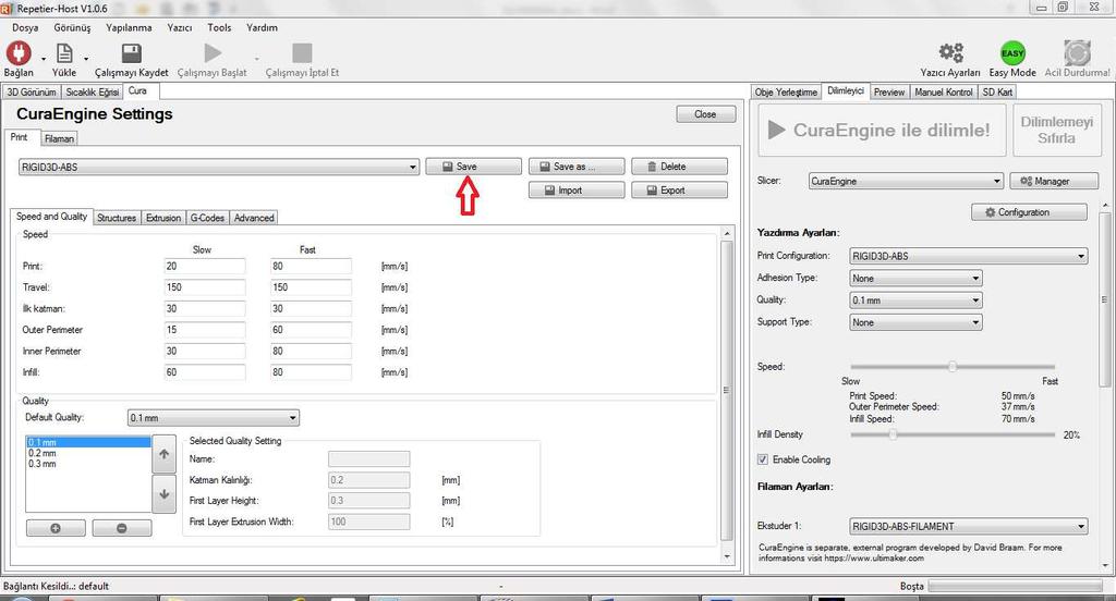 H.2.2. CURA ENGINE SEÇENEKLERİ Repetier Host da CuraEngine seçeneklerine ulaşmak için Slicer/Dilimleyici sekmesinde Slicer olarak CuraEngine seçildikten sonra