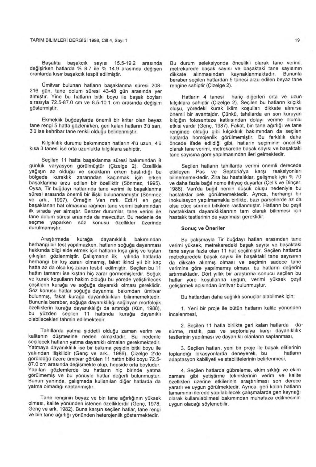 TARIM BILIMLERI DERGISI 1998, Cilt 4, Say ı 1 19 Başakta ba şakc ık say ıs ı 15.5-19.2 aras ı nda değ i şirken hatlarda % 8.7 ile % 14.