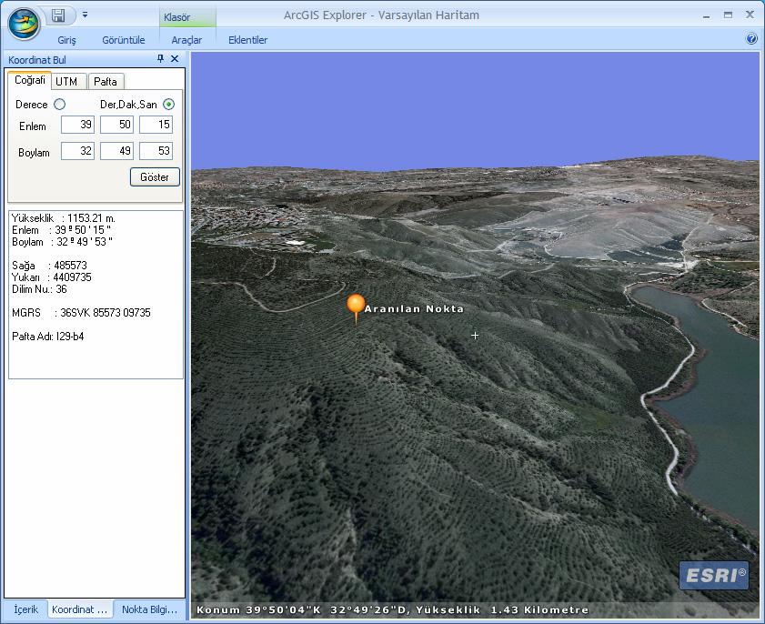 Koordinat bulma penceresi Yukarıdaki uygulamaya benzer olarak geliştirilen Nokta Bilgisi Al aracı ile de