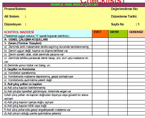 1. Çeklist Kullanılarak Birincil Risk