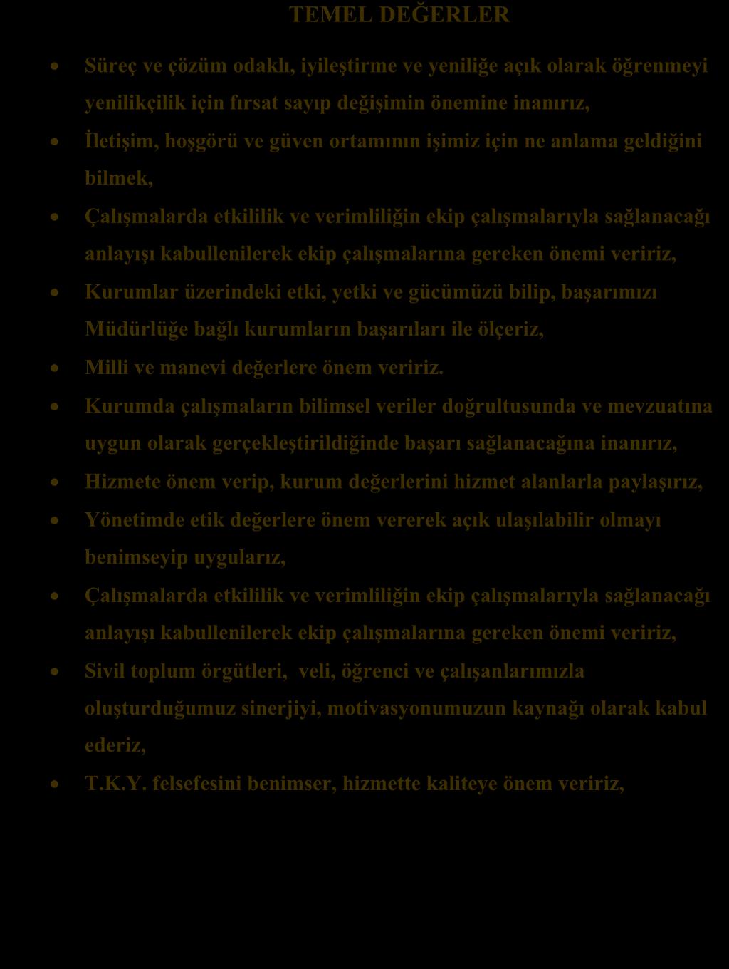 gücümüzü bilip, başarımızı Müdürlüğe bağlı kurumların başarıları ile ölçeriz, Milli ve manevi değerlere önem veririz.