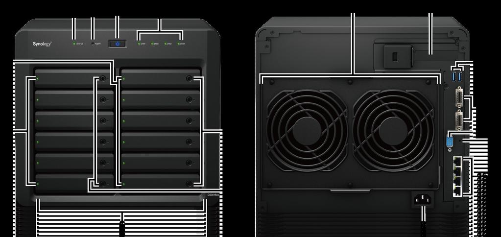 Bir Bakışta Synology DiskStation No. Parça Adı Konum Açıklama 1 Durum Göstergesi 2 Uyarı Göstergesi 3 Güç Düğmesi 4 LAN Göstergesi Ön Panel Sistemin durumunu görüntüler. Daha fazla bilgi için bkz.