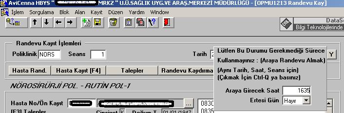 2- Karşımıza gelen Randevu Kayıt İşlemleri penceresinde hastanın bilgileri karşımıza gelir. (Resim 3.