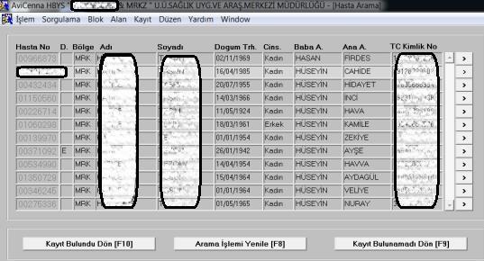 (3) Hasta arama penceresinde hastanın adı, soyadı, baba adı, anne adı ve