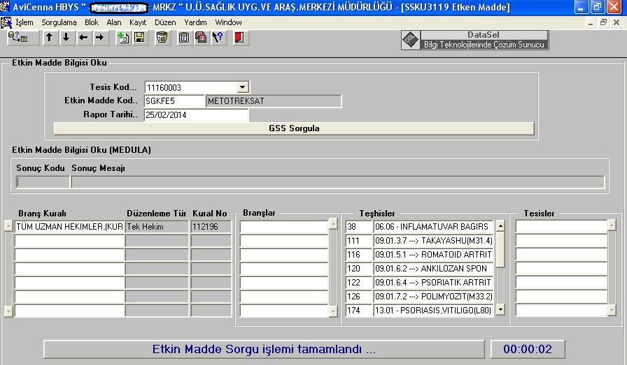 2-- GSS Rapor Sorgu, Onay, İptal, Silme Resim 5.10: Medula Rapor Kayıtları Liste penceresi İŞLEM: GSS RAPOR menüsünden, Gss Rapor Sorgu, Onay, İptal, Silme** seçilir. Hasta protokol numarası girilir.