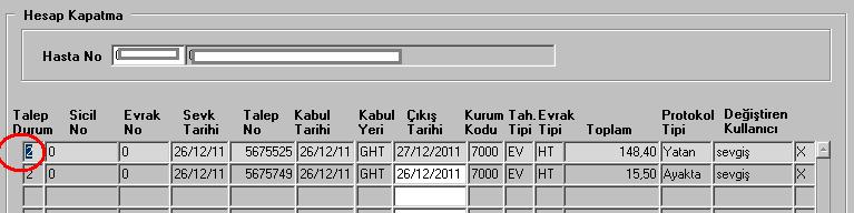 8- Hesap Kapatma: Taburcu olan hastanın hesabında gerekli düzenlemeler yapılıp hesabı bu menü seçeneği ile