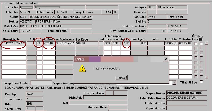 Resim 6.19: Hizmet Ekleme ve Silme Ekranı İşlem Aşamaları: - Hasta Faturaları Gözlem penceresinde Hizmet Ekle komut düğmesi tıklanır.