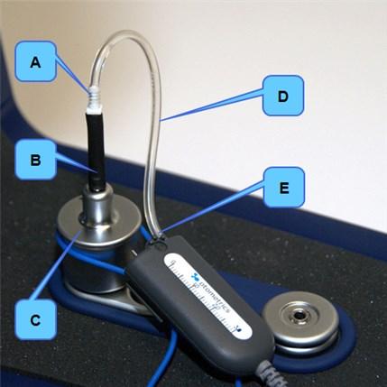 A. RECD eşleştirmesi B. Kulak arkası adaptör hortumu C. Kulak Arkası (HA2) adaptörü D. Dönüştürücü hortumu E. Dönüştürücü hortum portu 5. Sağı Ölç (Measure Right) butonuna tıklayın. 6.
