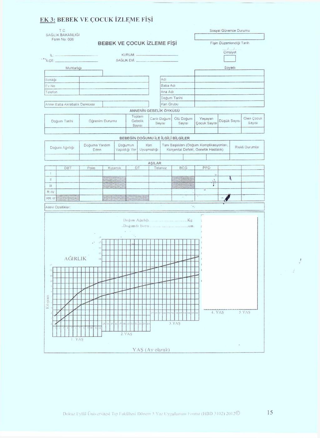 EK 3: BEBEK VE ÇOCUK İZLEME FİŞİ T C SAĞLIK BAKANLIĞI Form No: 006,.. BEBEK VE ÇOCUK İZLEME FİŞİ İL. - ' 'İL Ç E : SAĞLIK EVİ.