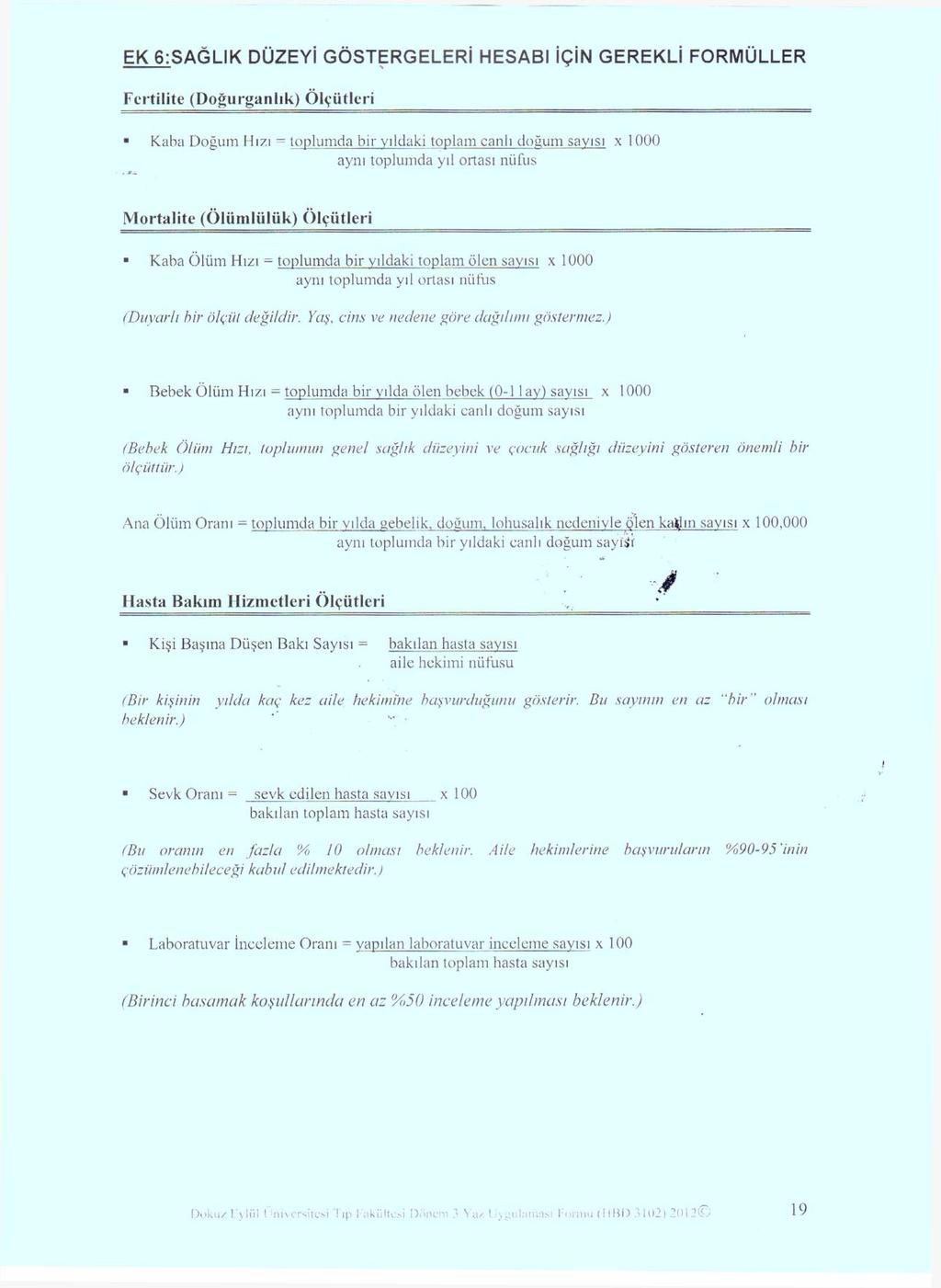 EK 6:SAĞLIK DÜZEYİ GÖSTERGELERİ HESABI İÇİN GEREKLİ FORMÜLLER Fertilité (Doğurganlık) Ölçütleri Kaba Doğum Hızı = toplumda bir yıldaki toplam canlı doğum sayısı x 1000 aynı toplumda yıl ortası nüfus