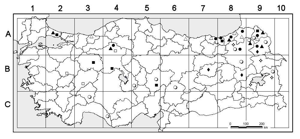 222 3.3.9. Ribes L. Türlerinin Türkiye deki Yayılışı Şekil 3.60. Ribes türlerinin Türkiye deki yayılış alanları R.rubrum R. biebersteiniii R. nigrum R. uva-crispa R. alpinum R. orientale R.