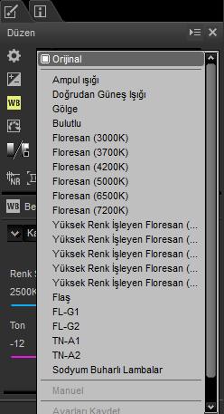 Beyaz Dengesi (RAW Görüntüler) Beyaz dengesini ayarlayın. Araç listesindeki açılır menü, önceden ayarlanan değerler arasından seçim yapma olanağı sunar.