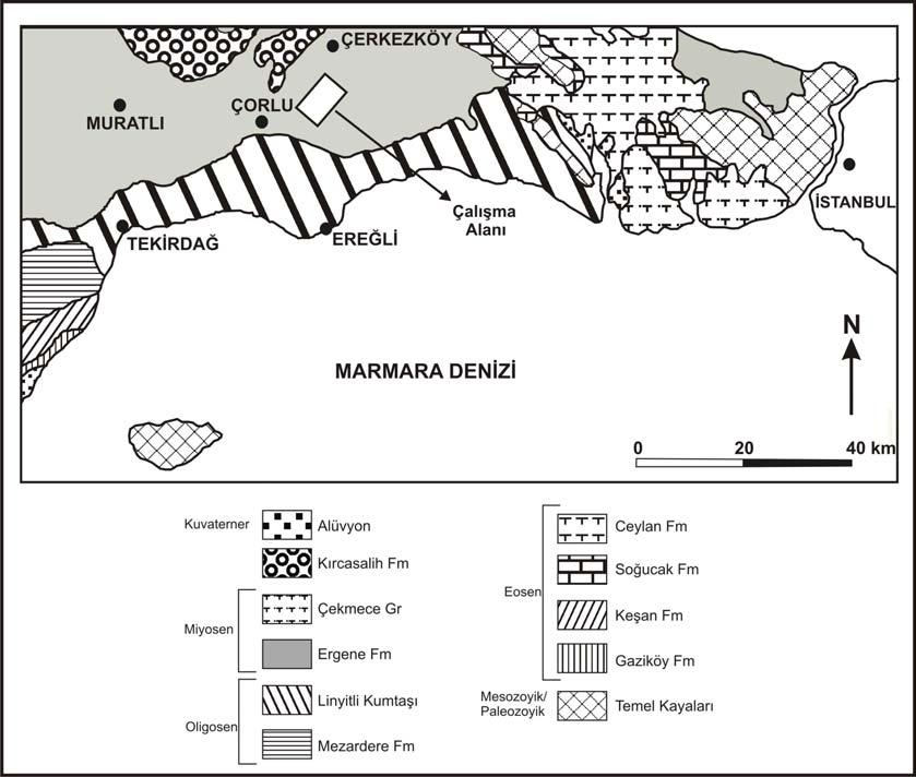 F. Esenli, A.H. Gültekin ve B.E. Şans Şekil 1. Güney ve doğu Trakya da Ergene grubu nun yayılımı (Siyako, 2006b den derlenmiştir) ve çalışma alanı lokasyonu.