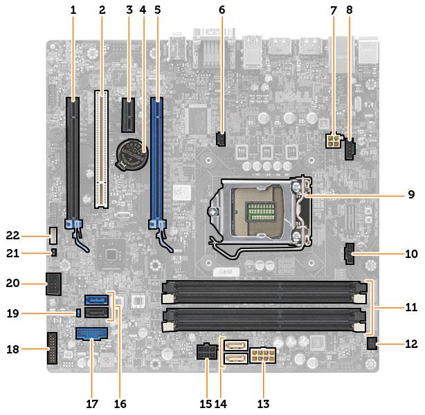Sistem Kartı Bileşenleri Rakam 1. Sistem Kartının Bileşenleri 1. PCI Express x16 yuva (x4 kablolu) 2. PCI yuvası 3. PCIe x1 yuvası 4. düğme pil 5. PCI Express x16 yuvası 6.