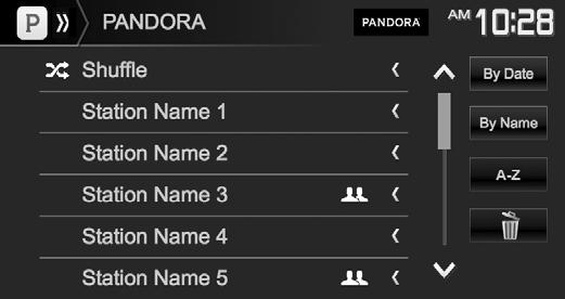 Pandora Listeden bir istasyon seçme 1 Liste seçimi ekranını görüntüleyin. 2 Liste türünü seçin. <Station List> <Genre List> 3 Listeden bir istasyon seçin.