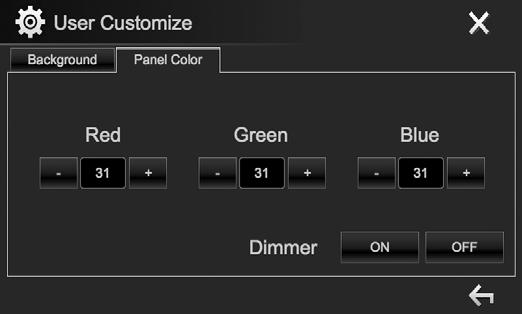 AYARLAR Kendi renk ayarlamanızı yapma 1 <User Customize> ekranında [Panel Color] öğesini seçin. (Sayfa 54) 2 3 Renk için karartıcı ayarını belirleyin (1), ardından rengi ayarlayın (2).