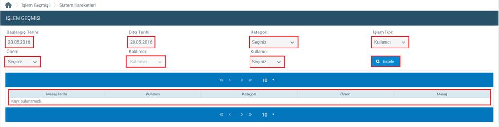 9. Bu alana tıklandığında İşlem Geçmişi ve Portaldan Çıkış menüleri görüntülenir. Ayrıca Bu alanda sisteme giriş yapan kullanıcının adı ve kullanıcının bağlı olduğu organizasyon adı gösterilir. a. İşlem geçmişi: Bu alanda katılımcının seçtiği tarihler arasında sistemde yaptığı hareketler listelenmektedir.