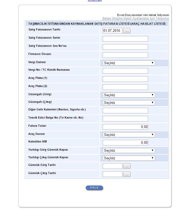 oluşturup gönderebilirler. Araç Hasılat Listesine belge girişi ile ilgili açıklamalar ve örnekler aşağıda yer almaktadır. SatıĢ Faturasının Tarihi: Bu alana satış faturasının tarihi GG.AA.