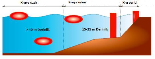 17 3. DALGA ENERJİSİNDEN ELEKTRİK ENERJİSİ ÜRETEN.SİSTEMLER Genel olarak dalga enerjisinde üç temel uygulama alanı mevcuttur. Bunlar sırasıyla şekil 3.1. de de görüldüğü gibi kıyı şeridi (onshore) uygulamaları kıyıya yakın (nearshore) uygulamalar ve kıyıdan uzak (offshore) uygulamalardır.