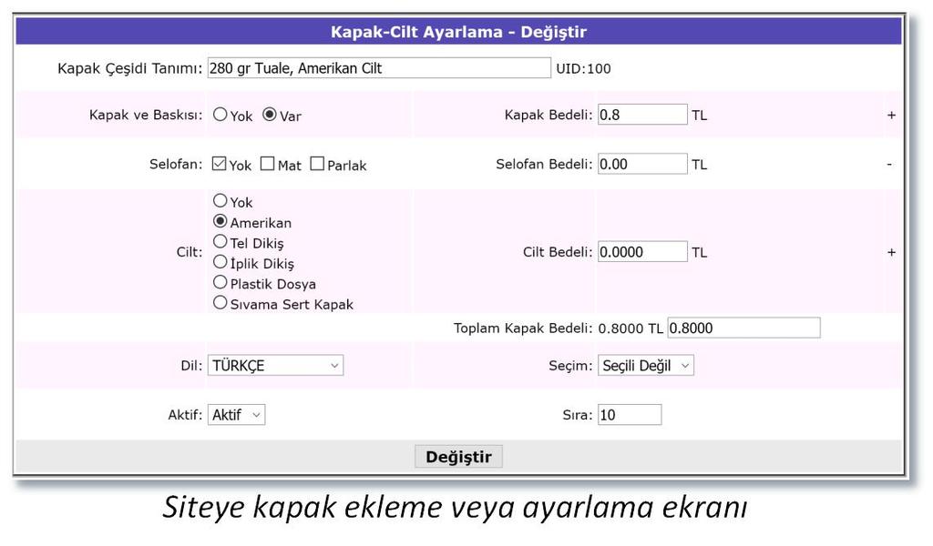 tıklanınca kâğıt parametrelerinin girildiği ekran gelir, ekleme veya değiştirme yapılabilir. girilen parametreler bu ekrandan sisteme eklenir veya değiştirilir.