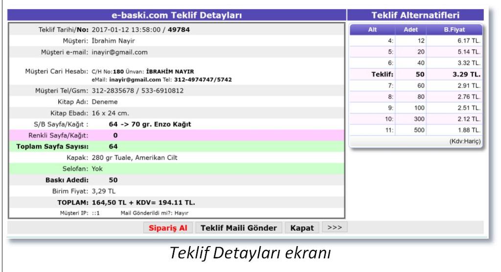 kitabın özellikleri, baskı adedi, teklif edilen birim fiyat, Bu ekranda bulunan Müşteri Cari Hesabı alanında toplam rakamı gösterilmektedir.