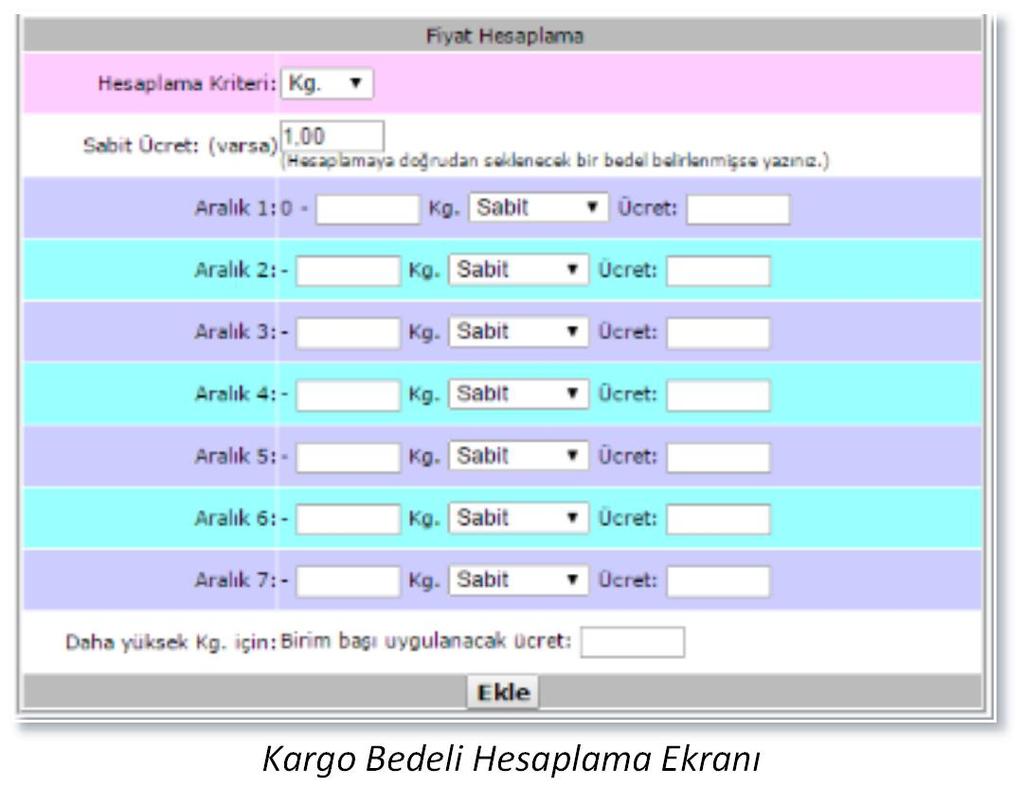 Belirlenen ücretler üst üste konularak toplanmaz, sadece o aralık için geçerli olur. Belirlenen kargo ücreti siparişte fiyatlara dahil edilebilir.