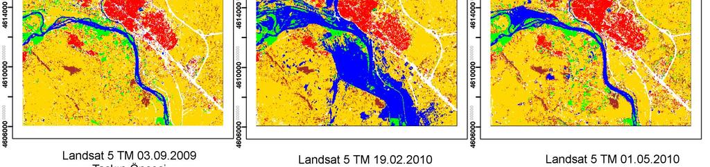 Taşkın dönemi için kullanılan görüntünün taşkının oluşmasından yaklaşık 3 gün sonra çekilmiş olması ve sınıflandırma aşamasında oluşabilecek