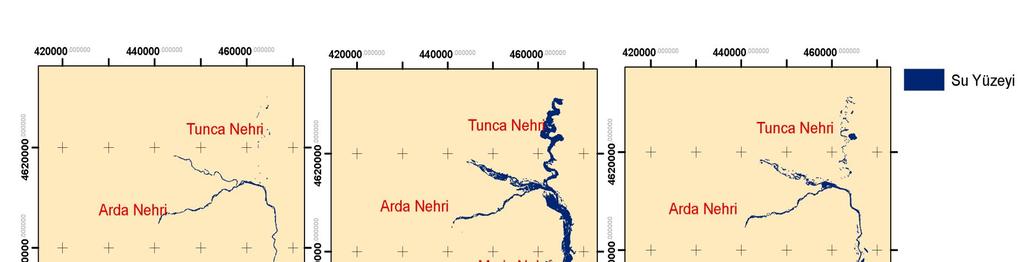 Her iki çalışma alanı için taşkından etkilenen tarım alanları, ArcGIS programı kullanılarak Şekil 11 deki gibi görselleştirilmiştir.