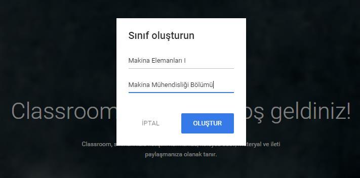 Yeni bir ders oluşturma Oluşturulacak sınıf ile