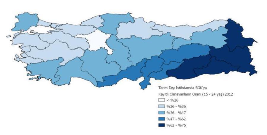 arası tarım dışı istihdam oranı %36 - %47 arasındadır. Özellikle Doğu ve Güneydoğu Anadolu Bölgesinde bu oran oldukça yüksek iken Karaman- Konya Bölgesinde ve batı bölgelerde düşüş göstermektedir.