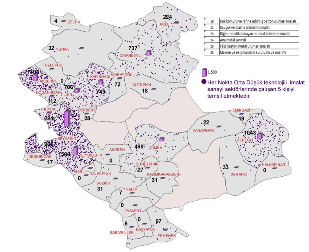 Harita 13 İl Merkezleri Dışında Orta Düşük Teknolojili Sektörlerdeki İmalat Sanayi İstihdamının Mekânsal Dağılımı, 2012 ÇÖZÜM İÇİN TEMEL ARAÇLAR ve FIRSATLAR Konya ilini diğer illerde ayıran en