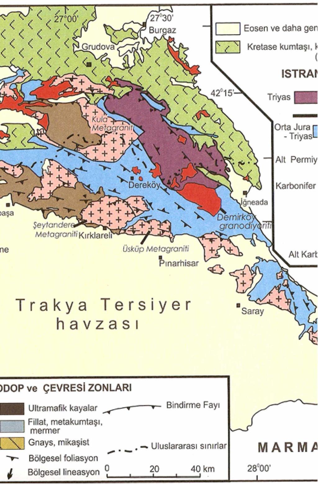 Istranca Masifi'nin temeli amfibolit ve yüksek yeşilşist fasiyesinde metamorfizma geçirmiş, çökelme yaşı belirsiz metamorfik kayalardan ve bunları kesen Geç Paleozoyik yaşlı