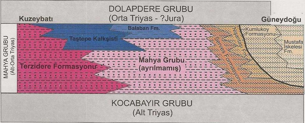 Mahya Grubu içinde batıda yer yer ayrılabilmiş Terzidere Formasyonu, Taştepe Kalkşisti ve Balaban Formasyonu, doğuda ise Serves Formasyonu, Nişantaşı Metakumtaşı, Kumluköy Metakumtaşı ve Mustafa