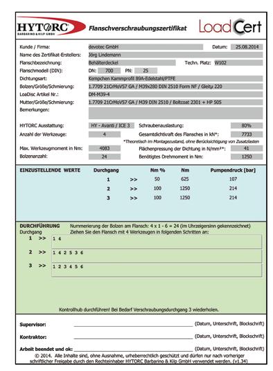 HIZMETLER 35 c LoadCERT TA Luft belgesi c HYTORC Uzman Personel iş başında LoadCERT flanş bağlantı sertifikası TA Luft ve EN1591, flanş bağlantılarının sızdırmazlığı ve mukavemeti hususunda belge