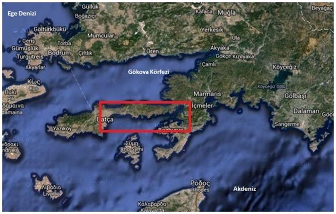 3. MATERYAL 3.1. Çalışma Sahası Şekil 3.1. Çalışma Sahasının Bölge Haritası Üzerindeki Konumu Datça-Bozburun Özel Çevre Koruma Bölgesi, 18.01.