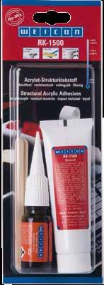 6,0 kg* 2 10561906 60 g* 1 10563860 310 g* 2 10563330 1,0 kg* 1 10563800 RK-1500 Sıvı, güçlü, hızlı sertleşme Yapıştırıcı ve Aktivatörü içeren sistem için basit No-Mix yönteminde pek çok farklı