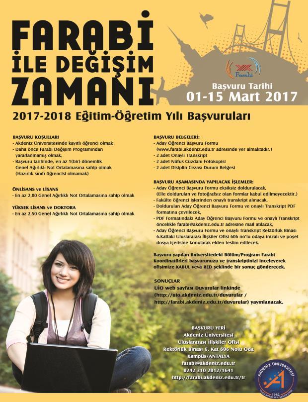 FARABİ BAŞVURULARI TAMAMLANDI 2017-2018 Eğitim-Öğretim yılı Güz / Güz-Bahar yarıyılı Farabi Değişim Programı başvuruları 01 Mart 15 Mart