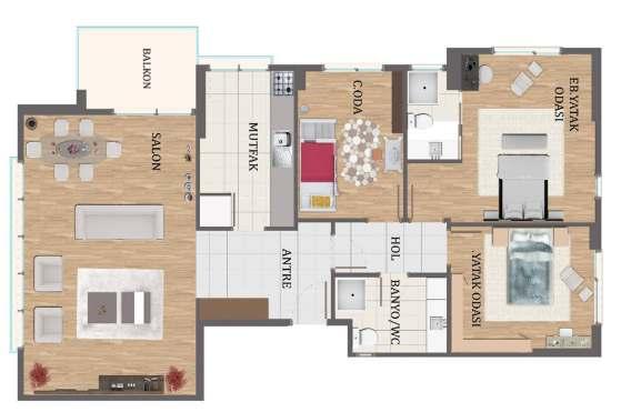 A BLOK SOL KÖŞE 3+1 BRÜT 130 M² DAİREMİZ Eb. Yatak Odası Eb.