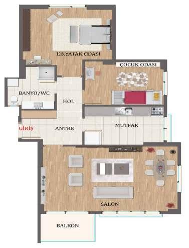 B BLOK SOL 2+1 BRÜT 103 M² DAİREMİZ Salon Balkon Mutfak Antre Çocuk Odası Eb.