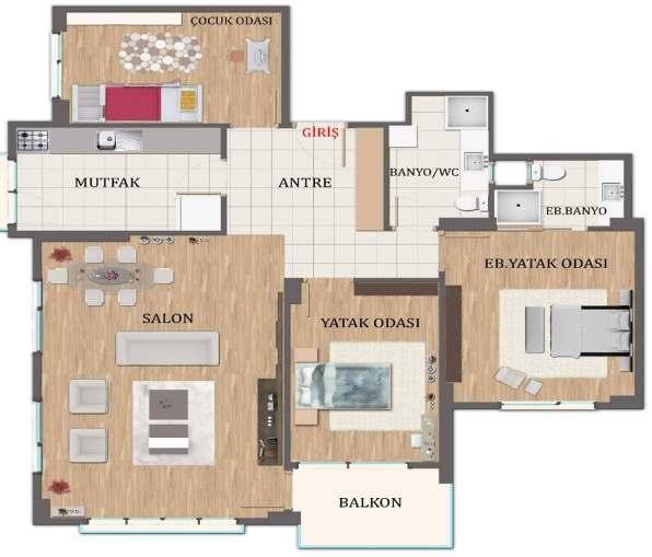 B BLOK 3+1 BRÜT 127 M² DAİREMİZ Çocuk Odası Mutfak Antre Banyo Eb.