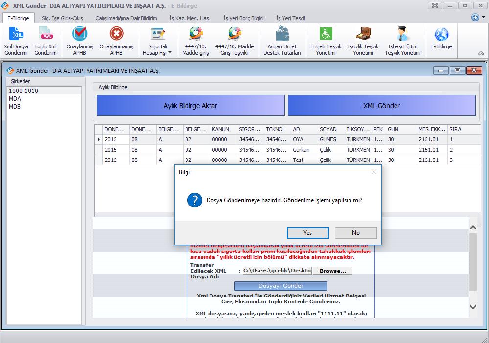 yapmaz sistem sizden XML dosyanızın olduğu dosya yolunu isteyecektir eğer ERP sisteminiz tarafından oluşturulan bir XML dosyanız varsa onu seçip Dosyayı Gönder demeniz yeterli olacaktır.