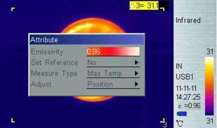 5.2.7 Hat Ölçümünün Özellikleri Alan göstergesi sarı yanıp sönene kadar kısayol tuşuna 2 basın. Emissivite, referans, ölçü tipi ve ayarlarını yapmak için Enter tuşuna basın. 5.2.8 Parametreler Burada sıcaklık ölçümünü iyileştirmek için ayarları yapabilirsiniz.